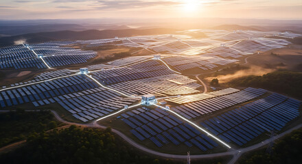 Vast solar farm at sunset, generating clean energy and power for the future