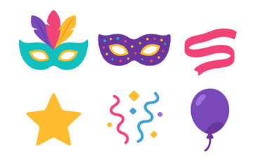 Modern Carnival Icons. Carnival Masks flat icons: Feather Mask, Glitter Mask, Ribbon, Star, Confetti, Balloon.