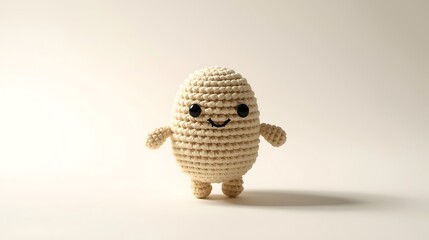 Cute crocheted peanut character with a happy face on a plain background