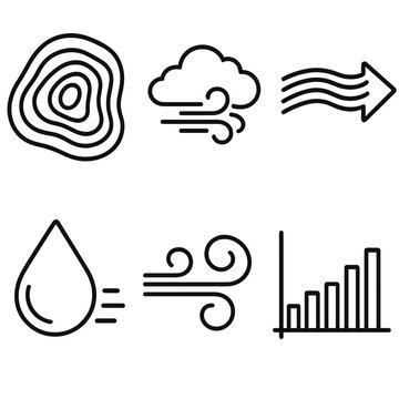 Weather Pattern Icons. Atmospheric Patterns linear icon set: air pressure map, cloud movement, jet stream, humidity droplet, wind swirl, data chart.