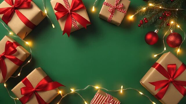 Christmas gifts and festive lights on green background top view