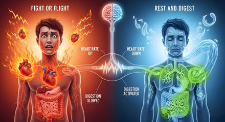 Illustration of vagus nerve activation showing transition from fight or flight to rest and digest 28556421 1
