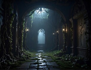 A dark, gothic corridor enveloped by overgrown foliage, leading to a bright, ethereal doorway. Stone walls line each side