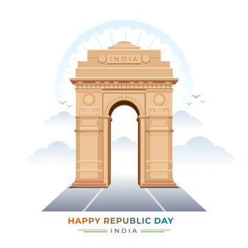 Happy republic day of India freedom celebration card design with India gate monument and tricolour flag sign symbol.

