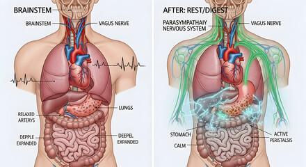 Illustration of vagus nerve activation showing before fightflight and after restdigest states 34989736 1