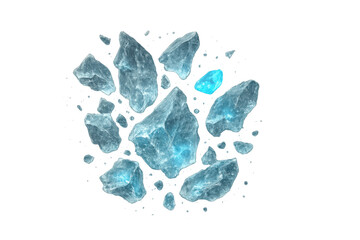 Shattered ice chunks exploding and dissolving, transparent ice particles flying, cold winter texture, frozen background abstract