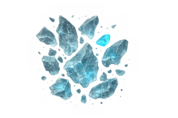 Shattered ice chunks exploding and dissolving, transparent ice particles flying, cold winter texture, frozen background abstract