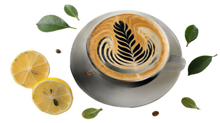 Coffee cup with rich latte art, floating lemon slices, green leaves, and coffee beans isolated on transparent background