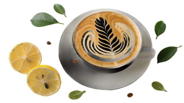 Coffee cup with rich latte art, floating lemon slices, green leaves, and coffee beans isolated on transparent background