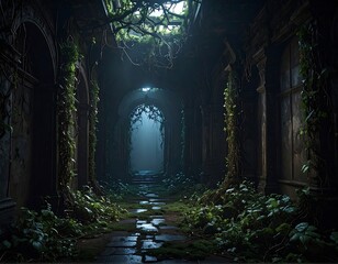 A dark, moss-covered, and ivy-entwined stone archway leads to a distant, glowing source within a dilapidated structure