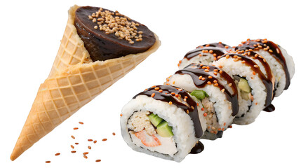Creative food composition featuring soy sauce glazed sushi rolls and a sweet waffle cone dessert isolated on transparent background