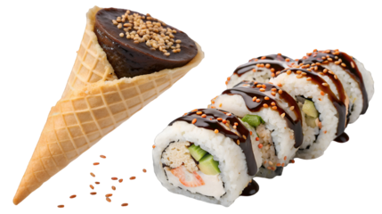 Creative food composition featuring soy sauce glazed sushi rolls and a sweet waffle cone dessert isolated on transparent background