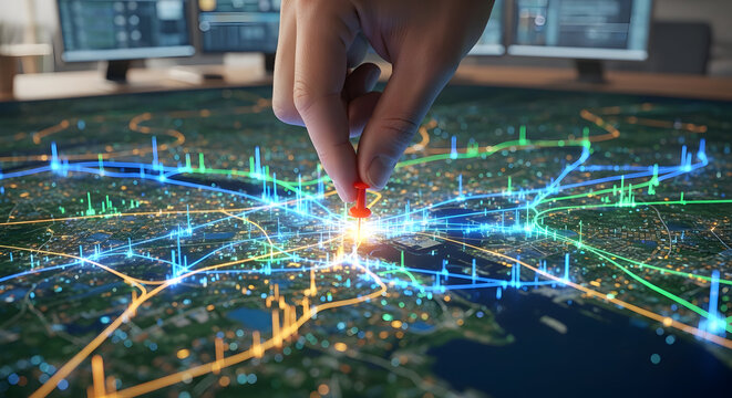 Hand placing pin on map with glowing points representing gis data visualization 57871067 1