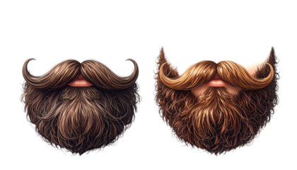 Pair of Curly Beard and Mustache Variations isolated on transparent background