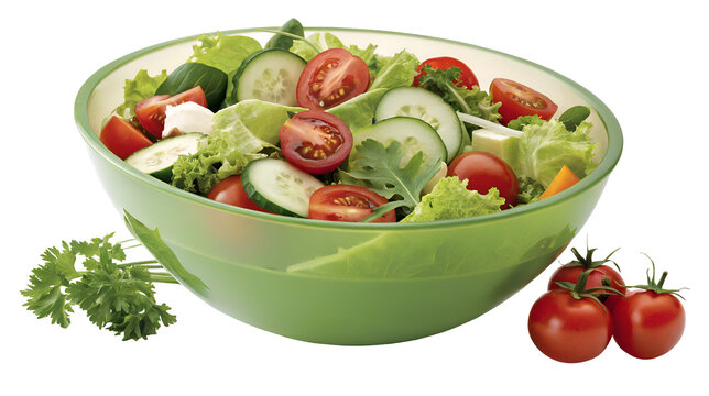 Fresh garden salad in a bright green bowl featuring lettuce, tomatoes, cucumbers, and feta cheese isolated on transparent background - Powered by Adobe