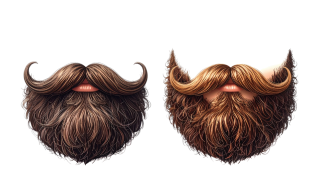 Pair of Curly Beard and Mustache Variations isolated on transparent background