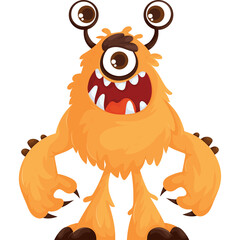 Furry orange one eyed monster with three fingers on each hand and two antennae with eyes standing on brown legs against a white background