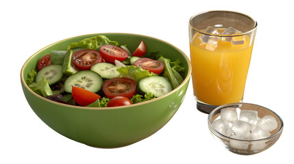 Fresh garden salad in a green bowl served alongside a refreshing glass of chilled orange juice isolated on transparent background