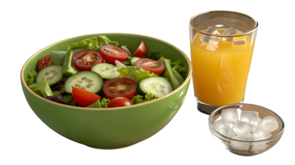 Fresh garden salad in a green bowl served alongside a refreshing glass of chilled orange juice isolated on transparent background