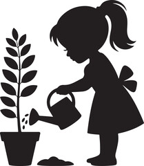 gardening silhouette vector Children planting tree and watering saplings, Eco-friendly future