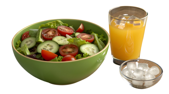 Fresh garden salad in a green bowl served alongside a refreshing glass of chilled orange juice isolated on transparent background