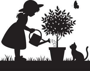 Children planting and watering tree