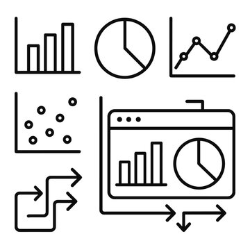 Data Visualization Icons. Visualization linear icon set: bar chart, pie graph, line chart, scatter plot, dashboard screen, data flow arrows.
