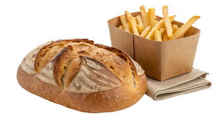 Fresh rustic bread loaf and a container of crispy french fries resting on a folded napkin isolated on transparent background.