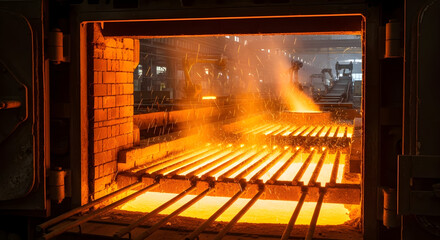 Glowing metal rods in an industrial furnace symbolizing heat treatment and manufacturing processes 10452167 1