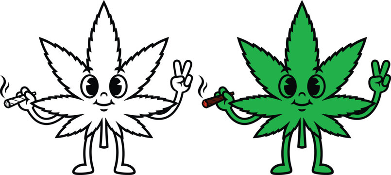 Cannabis leaf cartoon smoking joint peace sign vector illustration
