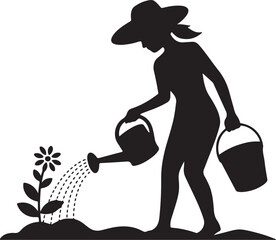 Woman watering plants in garden vector silhouette.