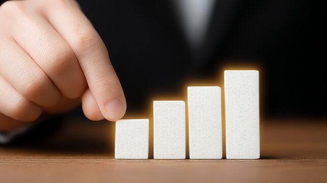 Q4 Financial Performance Overview, Hand adjusting a bar chart to indicate growth.