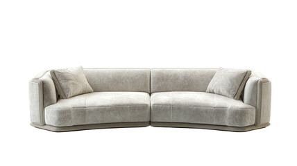 Curved sofa with two pillows, neutral tones, against a dark background