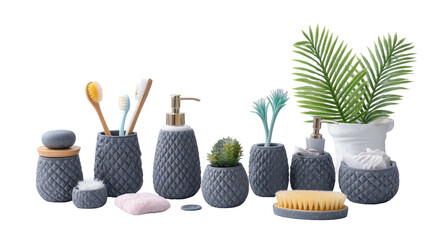 Bathroom set, gray diamond pattern. Soap, brushes, plant, modern