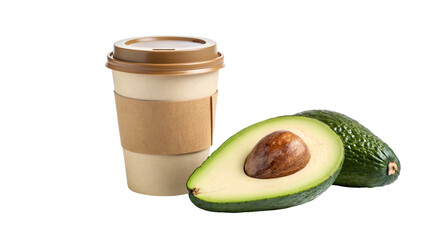 Kraft paper disposable coffee cup standing next to a fresh whole and halved avocado, isolated on transparent background