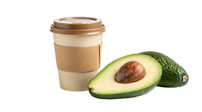 Kraft paper disposable coffee cup standing next to a fresh whole and halved avocado, isolated on transparent background