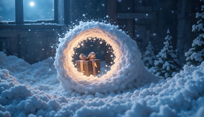 Gift box with a glowing ribbon emerges from a snow portal creating a magical winter scene with snow-covered trees and a moonlit background