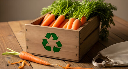 Fresh carrots with a green recycle symbol imprinted on box representing eco-friendly and sustainable food choices in line with the zero waste life movement 74372323 1