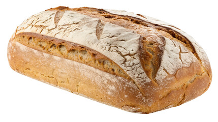Rustic artisan loaf of country bread with a flour dusted crust and deep scoring marks isolated on transparent background