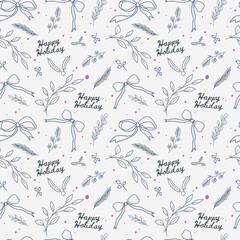 Christmas hand drawn line art pattern with branches, ribbon bow element. Christmas greenery. Winter color.