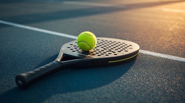 Tennis racket and ball on court with golden hour sunlight