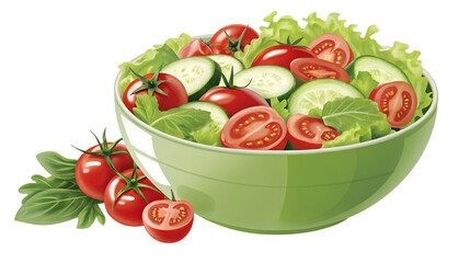 Vibrant fresh salad bowl featuring crisp lettuce, sliced cucumber, and juicy red tomatoes isolated on transparent background