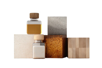 Geometric shapes with bottles, wood, and stone