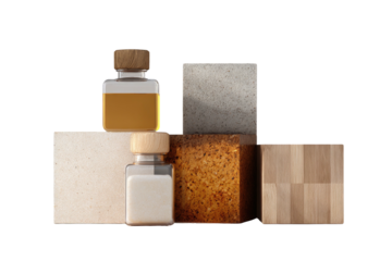 Geometric shapes with bottles, wood, and stone