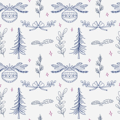 Christmas hand drawn line art pattern with branches, ribbon bow, bell and tree element. Christmas greenery. Winter color.