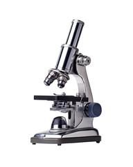 Silver microscope with intricate lenses on a stark black backdrop