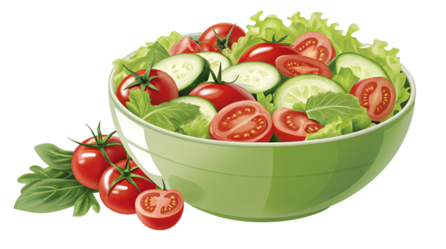 Vibrant fresh salad bowl featuring crisp lettuce, sliced cucumber, and juicy red tomatoes isolated on transparent background