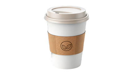 White paper coffee cup with brown corrugated sleeve and organic logo isolated on transparent background