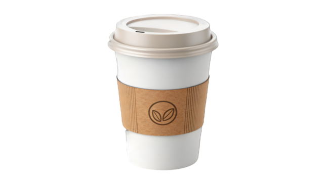 White paper coffee cup with brown corrugated sleeve and organic logo isolated on transparent background