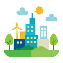 Cartoon vector illustration of a green city landscape with houses, trees, and buildings for an urban environment design